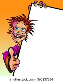Funny vector illustration of a man holding blank poster and showing thumbs up. May be used as an advertisement. Made in comic cartoon style.