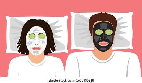 Funny Vector illustration of a married couple with clay masks on the face and cucumbers in front the ears. Spa at home. skin care. Valentine day concept of a true love