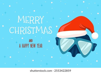 Funny vector illustration with mask for scuba and freediving with red Santa hat. Merry Christmas and Happy New Year greeting card.
