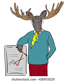 funny vector illustration of a moose business analyst in a suit looking official.