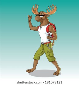 Funny vector illustration of a moose hiking and saying hello.