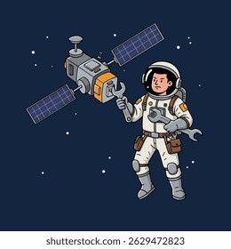 Engraçado vetor ilustração de um astronauta bigode sentado em uma superfície lunar enquanto admira um satélite em miniatura.