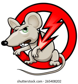 Funny Vector Illustration: "NO RATS" Symbol. Pest Control Sticker. Isolated Cartoon Rat in the Red Circle. Angry Mouse on White