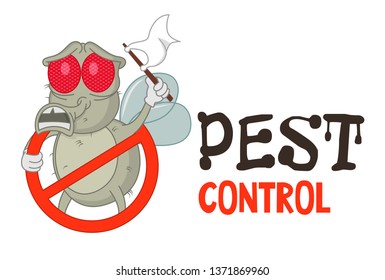 Funny vector illustration of pest control logo for fumigation business. Comic locked fly. Design for print, emblem, t-shirt, sticker, logotype, corporate identity, icon.