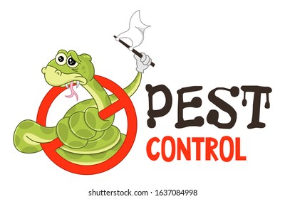 Funny vector illustration of pest control logo for fumigation business. Comic locked snake surrenders. Design for print, emblem, t-shirt, sticker, logotype, corporate identity, icon.