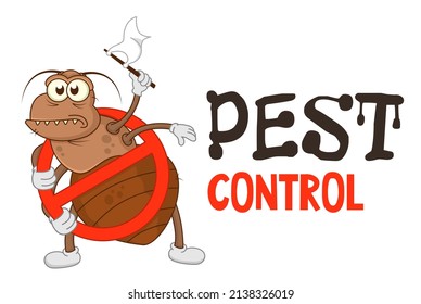 Funny vector illustration of pest control logo for fumigation business. Comic locked bed bug surrenders. Design for print, emblem, t-shirt, sticker, logotype, corporate identity, icon.