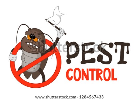 Funny vector illustration of pest control logo for fumigation business. Comic locked cockroach surrenders. Design for print, emblem, t-shirt, sticker, logotype, corporate identity, icon.