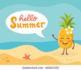 Funny vector illustration with pineapple on the beach, speech bubble and hand written text "Hello summer". 