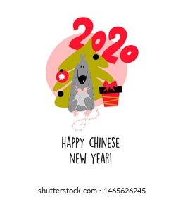 Funny vector illustration of rat with christmas tree and gift box. 2020 year symbol. Quote Happy Chinese New Year.