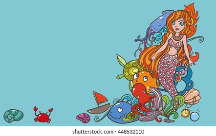 funny vector illustration with red green mermaid cute fish octopus on blue background