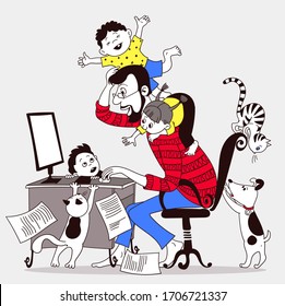 Funny vector illustration. Remote work at home. Self isolation. Dad at the desktop surrounded by children and pets.