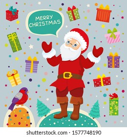 Funny vector illustration of santa claus with christmas gifts