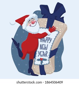 Funny vector illustration with Santa hugging a big gift box with a blue ribbon and text Happy New Year