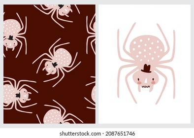 Funny Vector Illustration and Seamless Pattern with Cute Pink Spider in a Black Hat. Simple Hand Drawn Halloween Print with Lovely Spiders on a White and Brown  Background ideal for Card, Fabric.