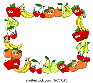 Funny vector illustration showing a frame made with fruit cups, smiling