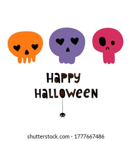 Funny vector illustration with skulls and spider, with text Happy Halloween. Flat design style. Isolated objects. For the design of postcards, posters, invitations.