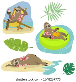 Funny vector illustration with sloth on vacation