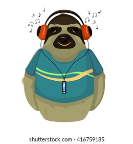 funny vector illustration of sloth, wearing sea-green sweater and listening to music with closed eyes