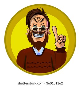 Funny vector illustration of smiling man showing his index finger as a symbol of new idea. Made in comic cartoon style.