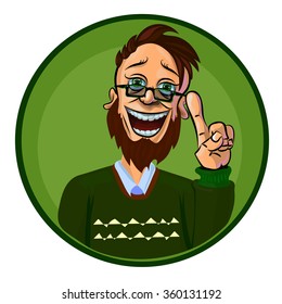 Funny vector illustration of smiling man showing his index finger as a symbol of new idea. Made in comic cartoon style.