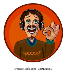 Funny vector illustration of smiling man showing OK gesture. Made in comic cartoon style.