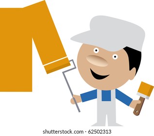 Funny vector illustration of smiling painter in uniform painting a wall with a roller with one hand and holding a brush in the other hand.