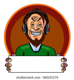 Funny vector illustration of smiling young man listening to music and holding blank banner in his hands. Can be used as an advertisement. Made in comic cartoon style.