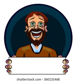 Funny vector illustration of smiling young man holding blank poster in his hands. Can be used as an advertisement. Made in comic cartoon style.
