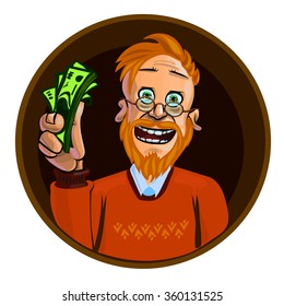  Funny vector illustration of smiling young man holding money in his hand. Made in comic cartoon style. 