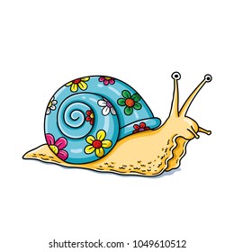 Funny vector illustration of snail with its shell colorfully painted, showing a creative personality.