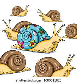 Funny vector illustration of snail with its shell colorfully painted, standing out the crowd.