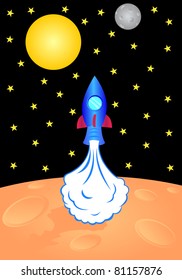 Funny vector illustration of a starting retro rocket ship