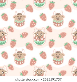 Funny vector illustration of strawberries and joyful cows in patterned eggs on a light wavy background