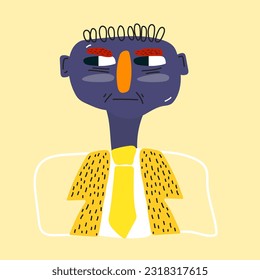 Funny vector illustration of a stylized man with a tie and a jacket, with a purple face and a red nose on a plain background. Vector illustration of a drinking office worker