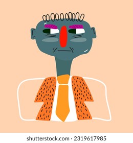 Funny vector illustration of a stylized man with a tie and a jacket, with a purple face and a red nose on a plain background. Vector illustration of a drinking office worker