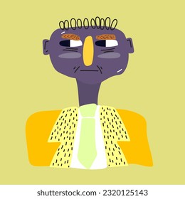 Funny vector illustration of a stylized man with a tie and a jacket, with a purple face and a red nose on a plain background. Vector illustration of a drinking office worker