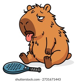 Ilustración vectorial divertida de un capibara cansado sentado en el suelo después de una intensa sesión de entrenamiento de pádel o pickleball. El divertido roedor de dibujos animados con pelaje marrón se ve completamente agotado, respirando pesadamente con su lengua rosa colgando de la fatiga. Junto al animal se encuentra una pala de pádel azul con una superficie perforada y un mango negro. El personaje demuestra una sensación de agotamiento total, pereza y reticencia a continuar con los deportes, lo que hace que la imagen sea perfecta para memes sobre fitness, lunes duros o sesiones de entrenamiento fallidas. El diseño está hecho en un estilo plano con contornos audaces sobre un fondo blanco aislado. Este Clipart es perfecto para imprimir camisetas, pegatinas, blogs deportivos, publicidad para clubes deportivos o artículos de actividades al aire libre. La Imagen transmite el concepto de "expectativa vs realidad" en los deportes, donde la linda bestia simboliza a un principiante en el gimnasio que sobrestimó su fuerza. El tema de un estilo de vida saludable se presenta a través del humor y el sarcasmo, enfatizando las dificultades de las cargas cardiovasculares. El capibara, como animal Las más populares en internet, llama la atención y hace sonreír a la gente. La raqueta es universal y se asemeja a un equipo para tenis de playa, squash o bádminton, ampliando el alcance de la ilustración. La emoción del personaje es una mezcla de indiferencia, fatiga e impotencia cómica. El formato de Vector le permite escalar la imagen sin perder calidad. Ideal para contenido relacionado con la pérdida de peso, la motivación (o desmotivación), los fines de semana después de una semana de trabajo, o solo para los amantes de los animales lindos. La escena refleja el momento de descanso después de un partido cuando solo queda suficiente fuerza para sentarse y respirar.
