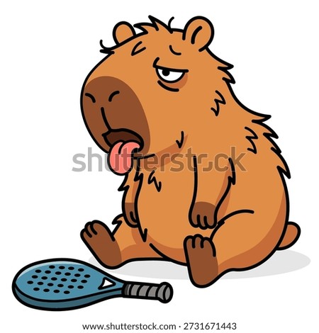 Funny vector illustration of a tired capybara sitting on the floor after an intense padel or pickleball workout session. The amusing cartoon rodent with brown fur looks completely exhausted, breathing heavily with its pink tongue hanging out from fatigue. Next to the animal lies a blue padel racket with a perforated surface and a black handle. The character demonstrates a feeling of total burnout, laziness, and reluctance to continue sports, making the picture perfect for memes about fitness, hard Mondays, or failed training sessions. The design is made in a flat style with bold outlines on an isolated white background. This clipart is perfect for t-shirt printing, stickers, sports blogs, advertising for sports clubs, or outdoor activity goods. The image conveys the concept of "expectation vs reality" in sports, where the cute beast symbolizes a gym beginner who overestimated their strength. The theme of a healthy lifestyle is presented through humor and sarcasm, emphasizing the difficulties of cardio loads. The capybara, as the most popular animal on the internet, attracts attention and makes people smile. The racket is universal and resembles equipment for beach tennis, squash, or badminton, expanding the scope of the illustration. The character's emotion is a mixture of indifference, fatigue, and comical helplessness. The vector format allows you to scale the picture without losing quality. Ideal for content related to weight loss, motivation (or demotivation), weekends after a work week, or just for lovers of cute animals. The scene reflects the moment of rest after a match when there is only enough strength left to sit and breathe.