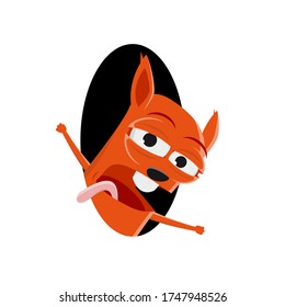 funny vector illustration of a tired cartoon squirrel looking out of a hole
