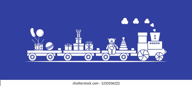 Funny vector illustration with train carries toys: pyramid, bear, gifts, ball, drum, balloons. Happy New Year 2019, Christmas, Birthday. Sale, shopping concept.