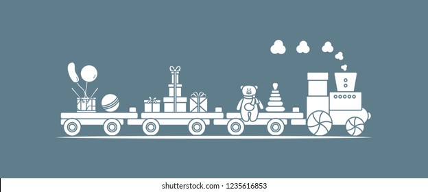 Funny vector illustration with train carries toys: pyramid, bear, gifts, ball, drum, balloons. Happy New Year 2019, Christmas, Birthday. Sale, shopping concept.
