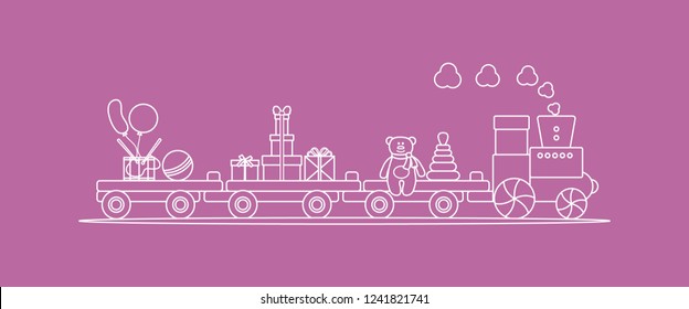 Funny vector illustration with train carries toys: pyramid, bear, gifts, ball, drum, balloons. Happy New Year 2019, Christmas, Birthday. Sale, shopping concept.