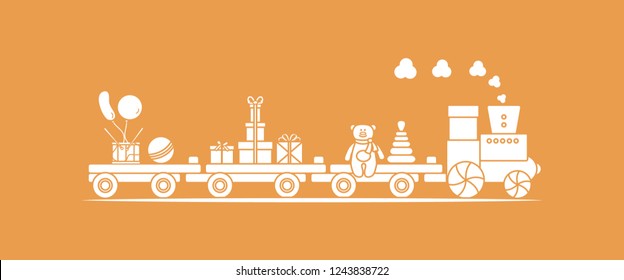 Funny vector illustration with train carries toys: pyramid, bear, gifts, ball, drum, balloons. Happy New Year 2019, Christmas, Birthday. Sale, shopping concept.