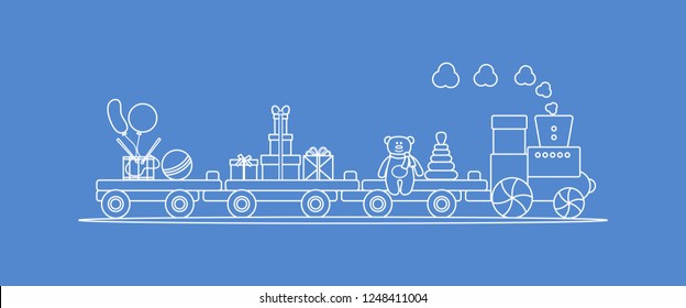 Funny vector illustration with train carries toys: pyramid, bear, gifts, ball, drum, balloons. Happy New Year 2019, Christmas, Birthday. Sale, shopping concept.