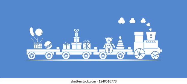 Funny vector illustration with train carries toys: pyramid, bear, gifts, ball, drum, balloons. Happy New Year 2019, Christmas, Birthday. Sale, shopping concept.