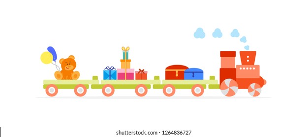 Funny vector illustration with train carries toys: dower chest, bear, gifts, balloons. Happy New Year 2019, Christmas, Birthday. Sale, shopping concept.