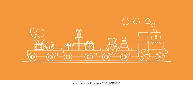 Funny vector illustration with train carries toys: pyramid, bear, gifts, ball, drum, balloons. Happy New Year 2019, Christmas, Birthday. Sale, shopping concept.