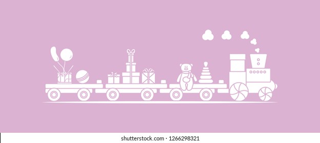 Funny vector illustration with train carries toys: pyramid, bear, gifts, ball, drum, balloons. Happy New Year 2019, Christmas, Birthday. Sale, shopping concept.