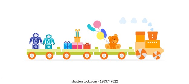 Funny vector illustration with train carries toys: robots, bear, gifts, balloons. Happy New Year 2019, Christmas, Birthday. Sale, shopping concept.