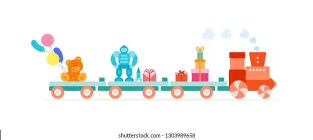Funny vector illustration with train carries toys: robot, designer, bear, gifts, balloons. Happy New Year 2019, Christmas, Birthday. Sale, shopping concept.